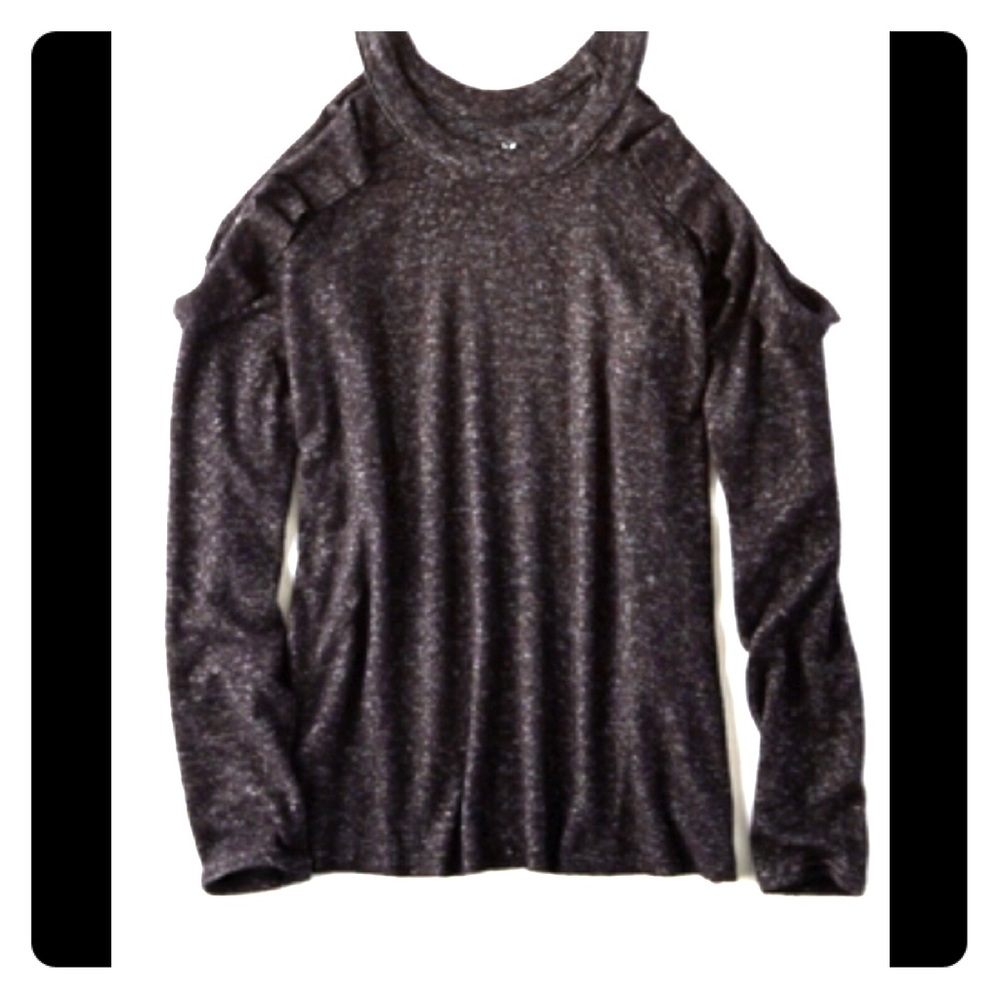 AE SOFT & SEXY PLUSH COLD SHOULDER RUFFLE SWEATER